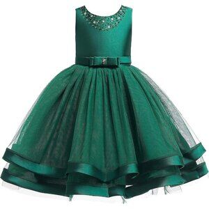 🆕Girl Dark Green Cotton Flower Ruffles Dress Vintage Wedding Bridesmaid Pageant